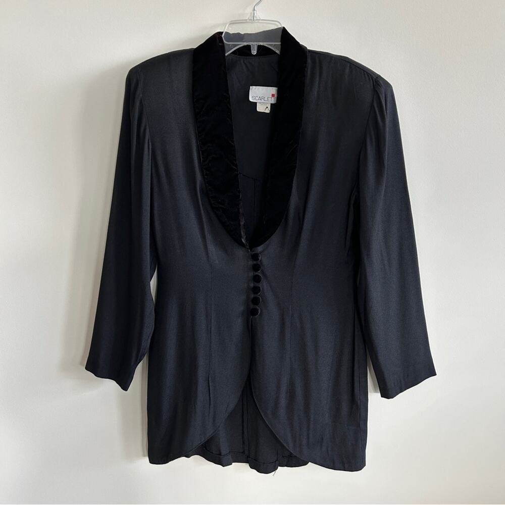 Vintage Scarlett Black Velvet Collar Shoulder Pads Tuxedo Blazer Size Medium